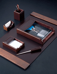 Wood and Brown Leather Six-Piece Desk Pad Blotter Set
