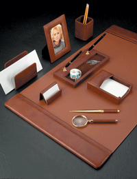 Tan Leather Desk Pad Blotter Collection with Gold-Plated Brass Accents