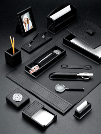 Black Croco-Grain Leather Desk Pad Blotter Collection with Chrome-Plated Brass Accents