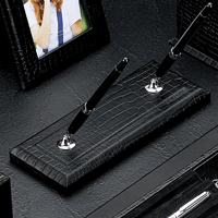 Black Crocodile-Embosseed Leather Double Pen Stand