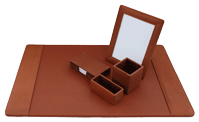 five piece tan leather desk pad set