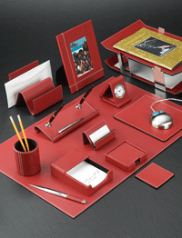 Red Leather Desk Pad Blotter Collection with Chrome-Plated Brass Accents