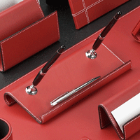 Red Leather Double Pen Stand with Contrasting Stitching