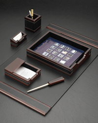 Wood and Black Leather Six-Piece Desk Pad Blotter Set